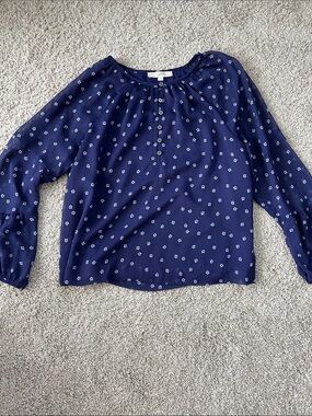 LOFT Navy Floral Button-Peasant Blouse